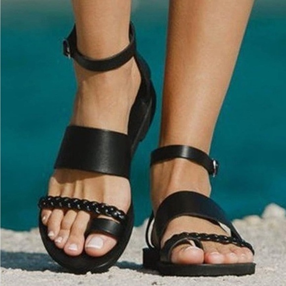 Ankle Strap Flat Sandals for Women Braid Toe Ring Summer Casual Shoes black boho - Picture 3 of 10